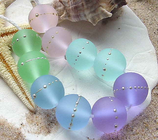 Beach Glass Orbs with Silver Wire - 10 Pastel Etched Beads - SRA