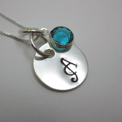 Personalized Birthstone Necklace - Hand Stamped Inital Sterling Silver Disk, Monogram, Swarovski Birthstone Made To Order