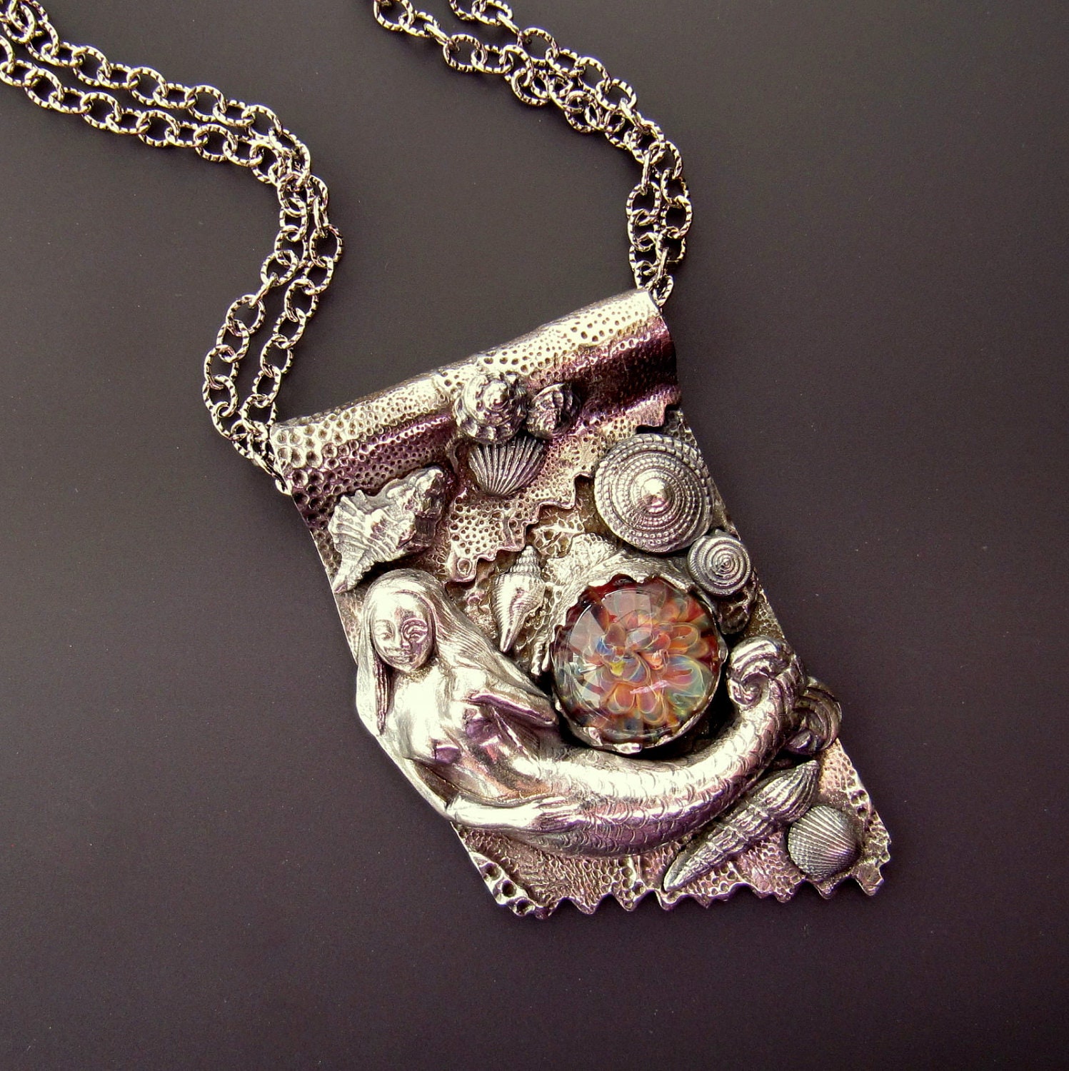 Mermaid Number Four Fine Silver, Sterling Silver and Borosilicate Glass OOAK Necklace
