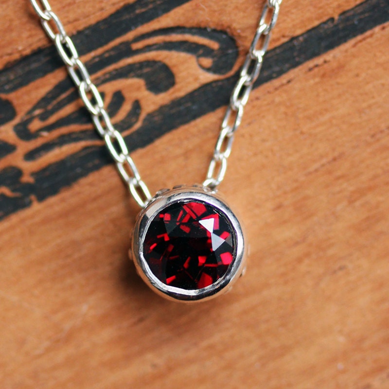 Red garnet necklace - solitaire bezel - January birthstone - slide necklace - recycled sterling silver - wrought collection