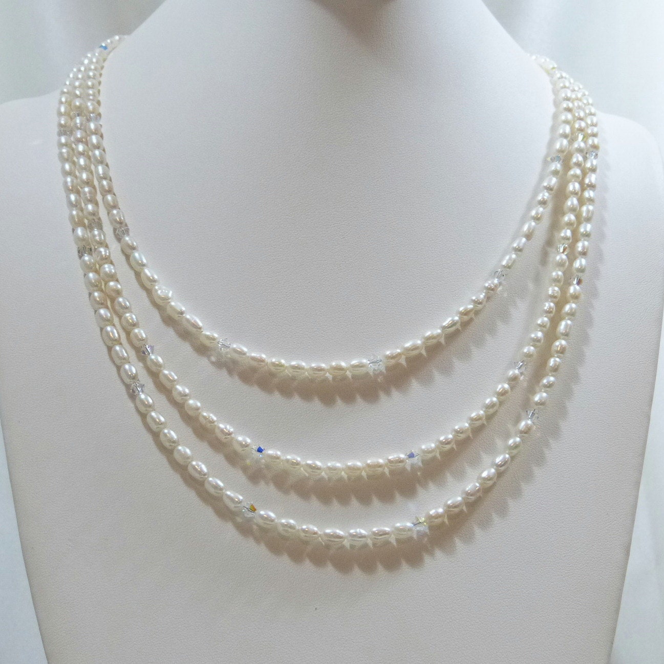 White Rice Freshwater Pearl 3 Strand Necklace By Tbyrddesigns 