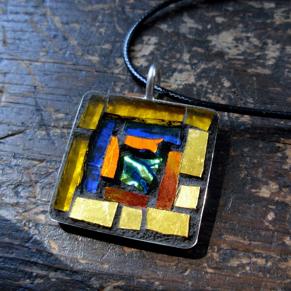Log Cabin Mosaic Pendant in Gold, Blue and Orange