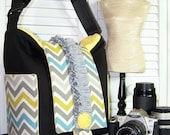 Dslr camera bag purse  gray-citron-yellow chevron w/ yellow interior -ruffles and rosette-SNUGGLENS