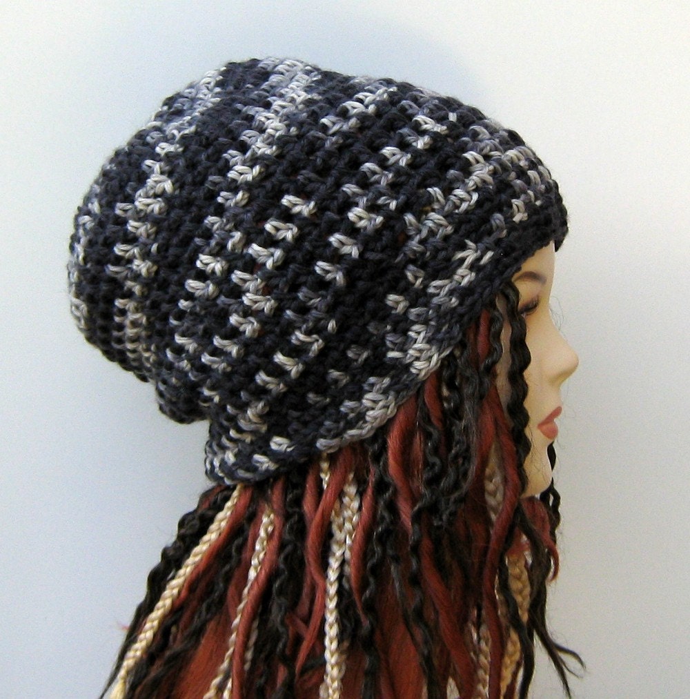 Pure Natural Wool Hippie Dread Tam slouchy Beanie Hat gray charcoal
