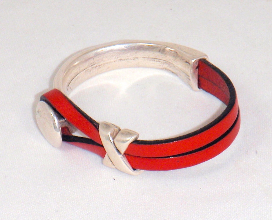 Red Euro Leather and Pewter Cuff Bracelet