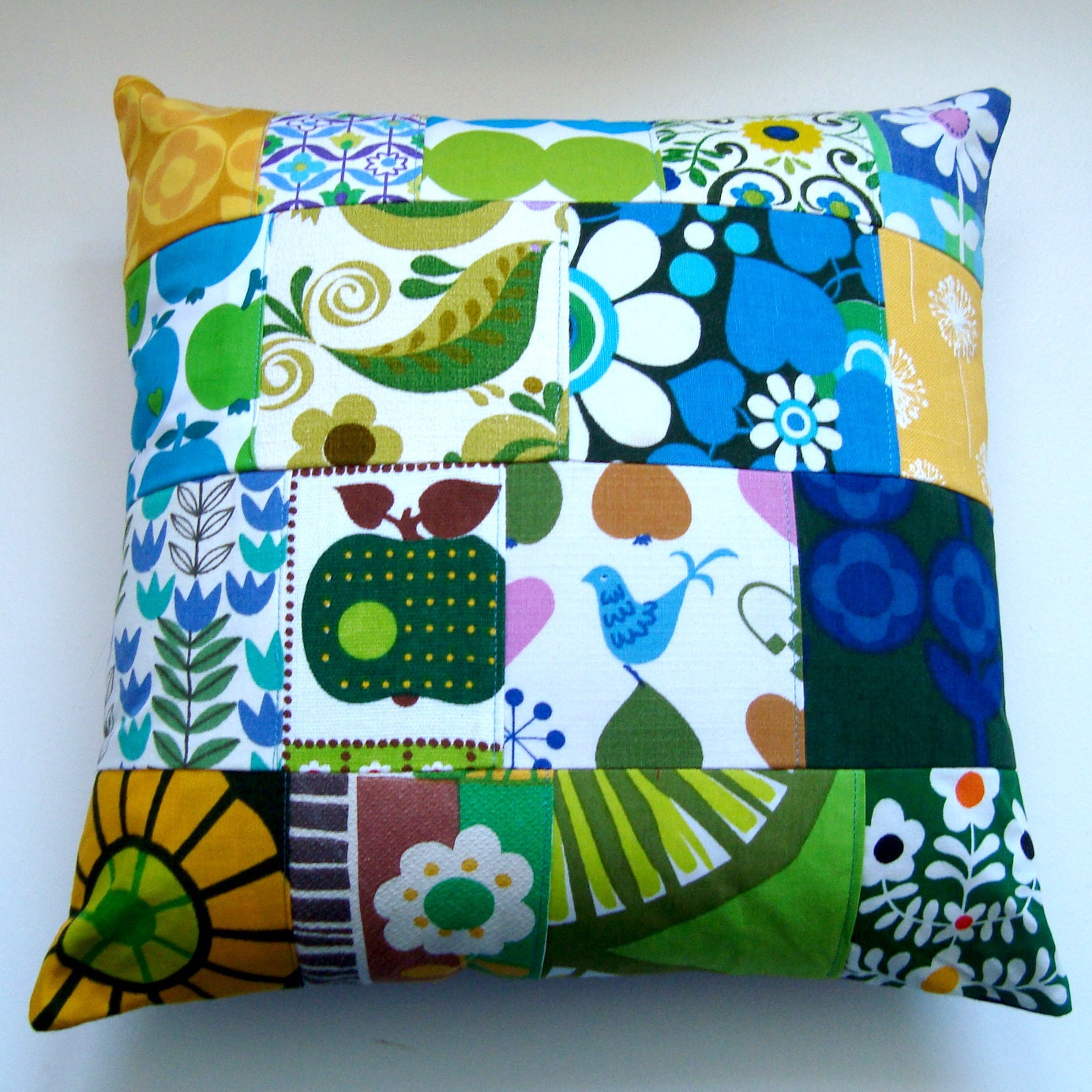 Retro Scandinavian Design Decorative Patchwork Vintage Fabric Cushion / Pillow Cover - Blue. Green, Turquoise
