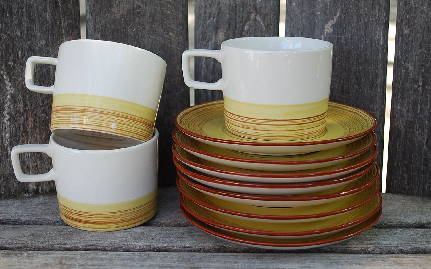 Vintage Colortone Hand Painted Mugs and Saucers Oro