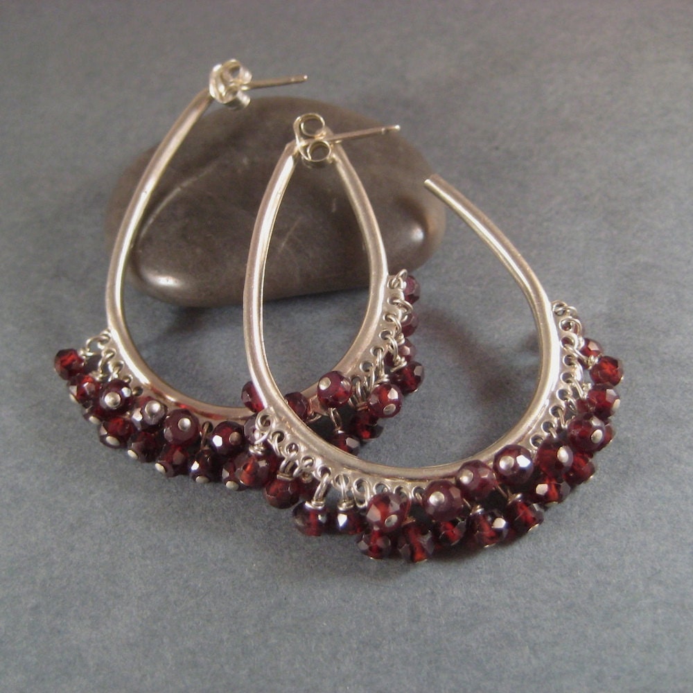 Gemstone Hoop Earrings, Faceted Garnet Sterling Silver Big Hoop Earrings