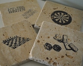 Game Time Natural Stone Coasters. Set of 4. Gift for Him. Man cave. Family Room. Chess, Darts, Dominos, Dice