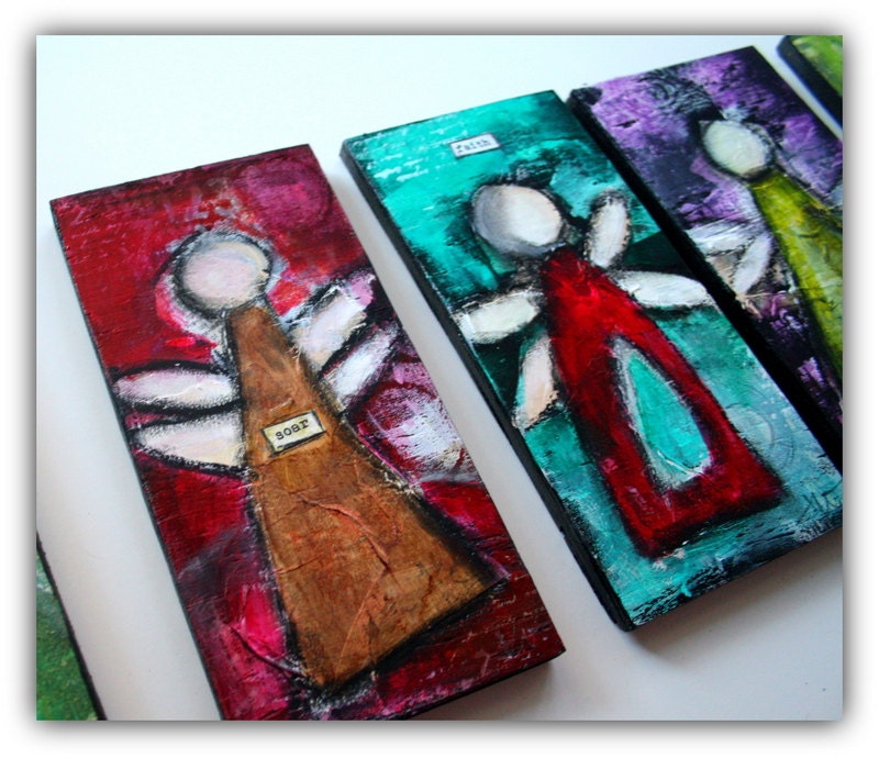 Inspirational Angels  mixed media on wood  4 x 8 SOAR in Red, brown,white,  black by Jodi Ohl Sweet Repeats