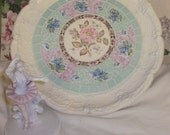 SHABBY CHIC COTTAGE aqua and pink floral platter broken china and stained glass mosaic on silver platter