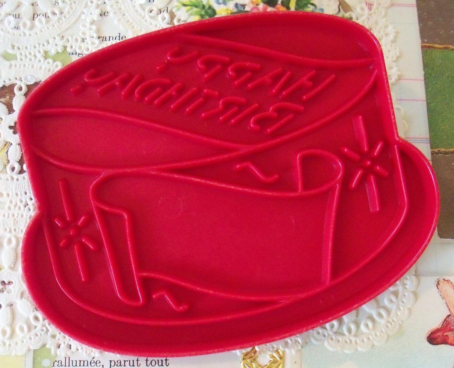 Vintage / Birthday Cake Cookie Cutter / Red Plastic