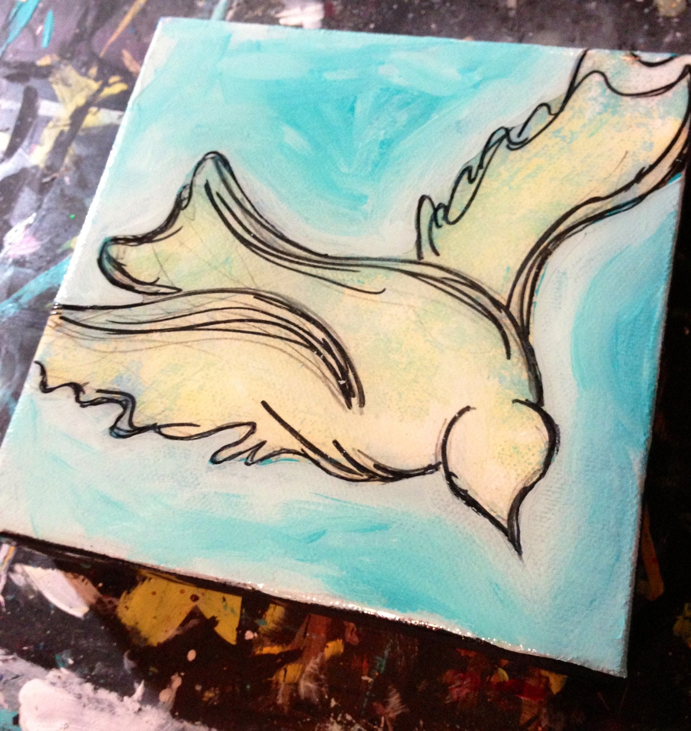 White Bird flying blue background