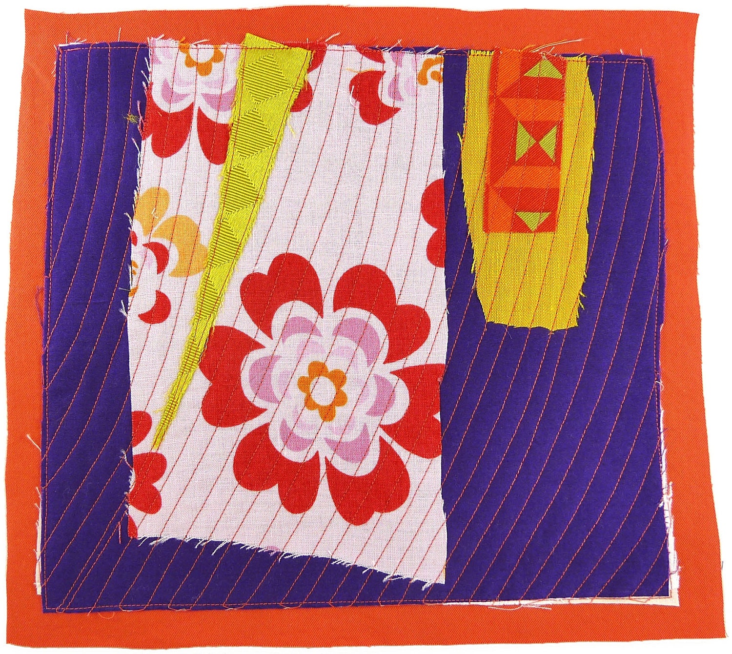 9.18.2012 small art quilt, contemporary, abstract, square, purple, pink, orange, red, citron, yellow, lime green