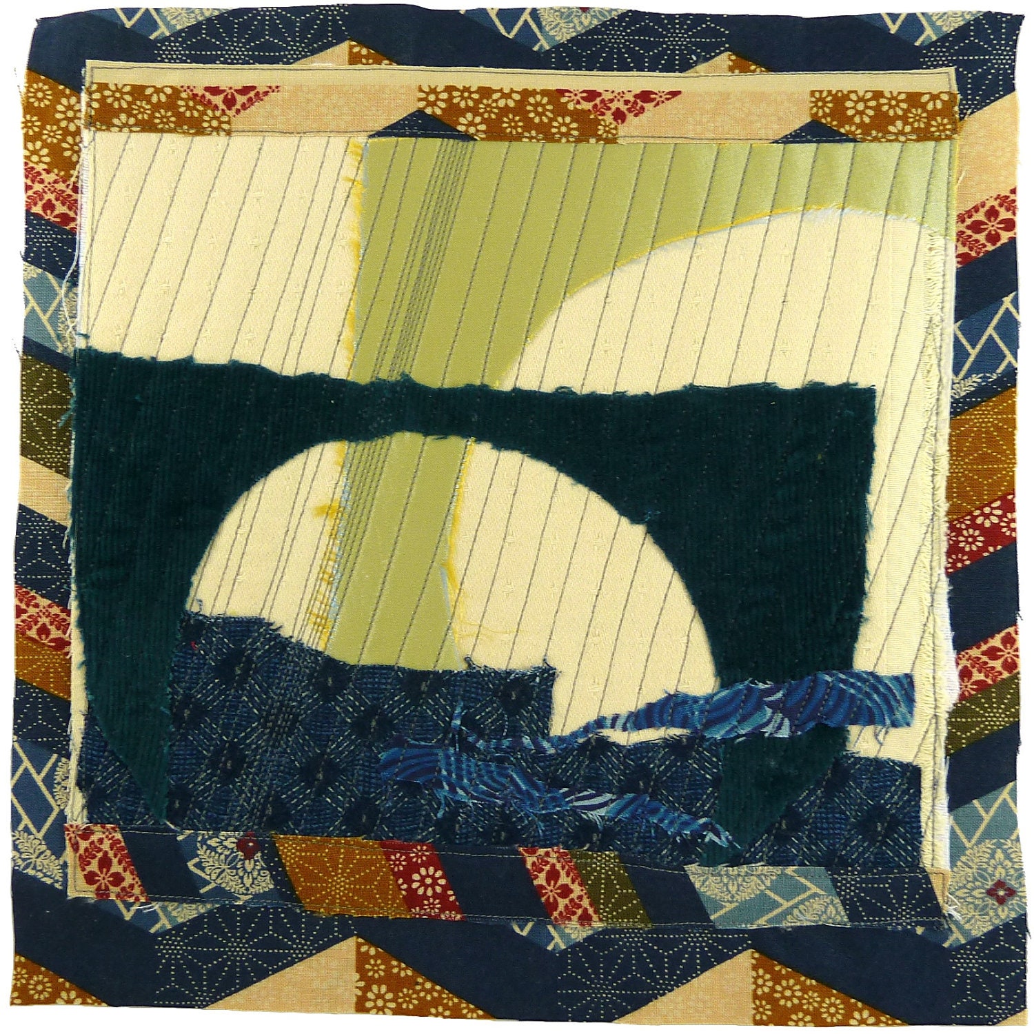 9.17.2012 small art quilt, contemporary, abstract, square, navy, teal, batik, indigo, celadon, cream, rust, boro