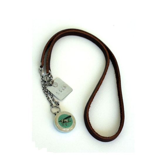 Airplane Inspiration Necklace, Brown Leather Necklace, Bib Style, Teal, SOAR, Stamped Jewelry, Eco-Friendly, Recycled Cork by Uncorked