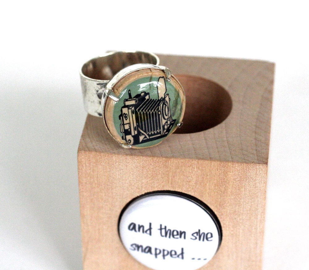 Eco Friendly CAMERA Ring, Photographer Gift, Wine Cork Ring, Hammered Metal Jewelry, Adjustable by Uncorked