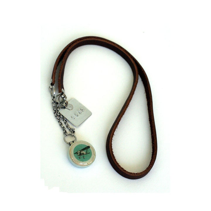 Airplane Inspiration Necklace, Brown Leather Necklace, Bib Style, Teal, SOAR, Stamped Jewelry, Eco-Friendly, Recycled Cork by Uncorked