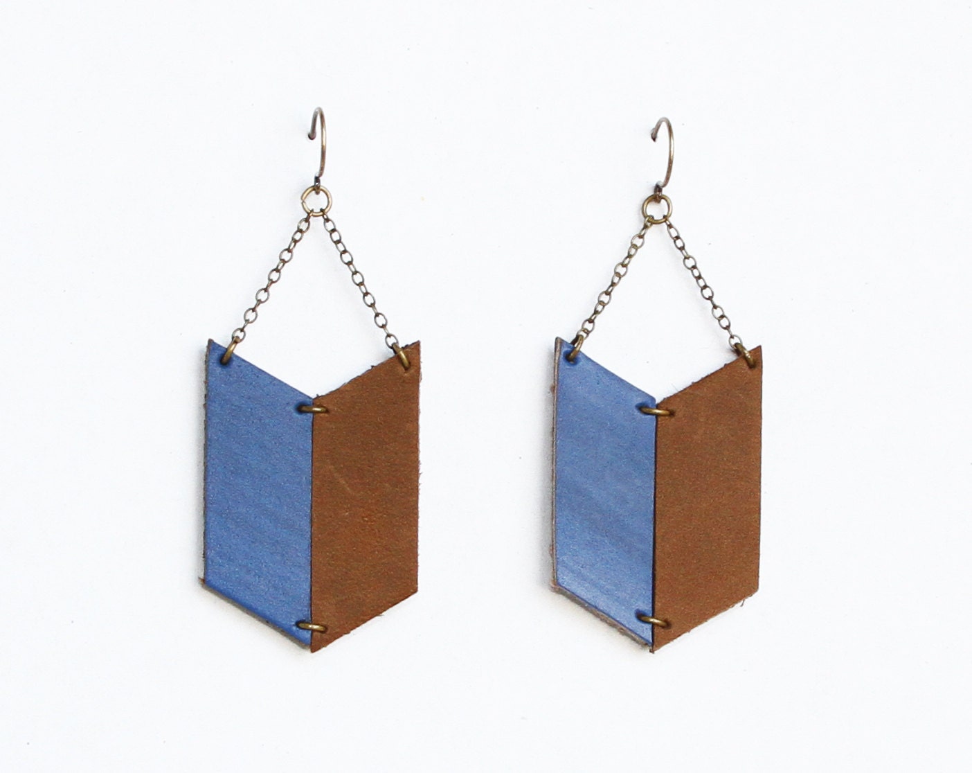 blue and chocolate leather archery earrings