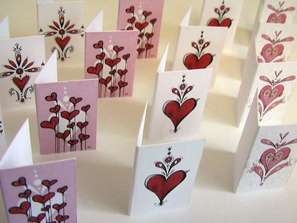 Tickled Pink Hearts Set of 8 handmade miniature greeting cards with envelopes and seals