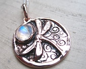 The Dragonfly Pendant in Rose Gold Covered Pink Silver and Rainbow Moonstone