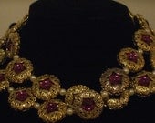A Set-Handmade-Vintage Inspired-Gold Buttons-Purple Garnet Cabochons -Faux Pearl-Duel Length-Statement-Necklace-Earrings-"PURPLE PASSION"