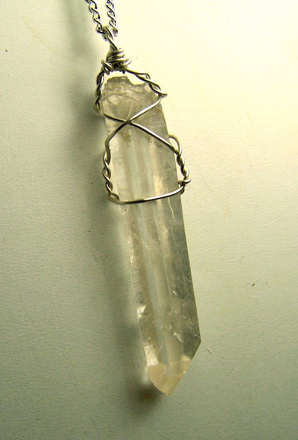 Lemurian Crystal wire wrap necklace pendant, Sterling Silver, on chain - naturally formed Quartz crystal from Diamantina mine in Brazil