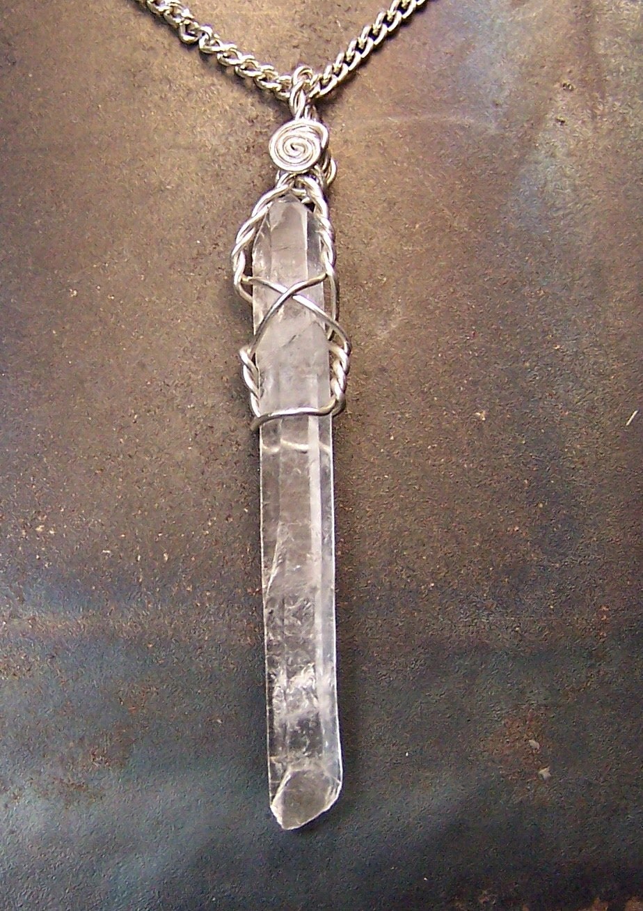 Quartz Crystal wire wrap necklace pendant - Double Terminated - long clear - Sterling Silver - natural - point - large crystal