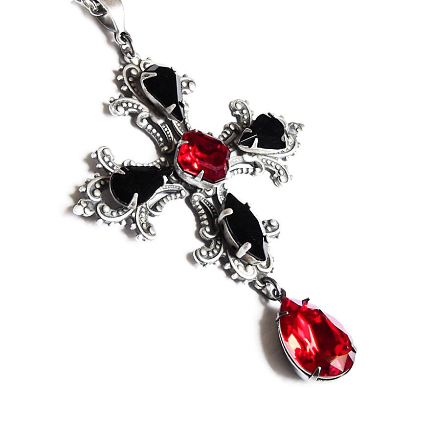 Gothic Cross Necklace Red Black Swarovski Goth Jewellery