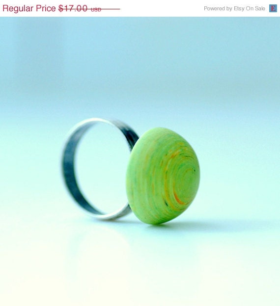 Ring, Metal Ring, Soft Chartreuse Vintage Lucite and Antiqued Silver Metal Adjustable Ring