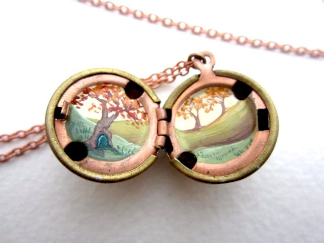 Hobbit Locket - Tiny Secret Door in Autumn Tree - Grassy Hills Landscape - Hand-painted Jewelry