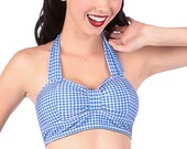CHARLOTTE Blue Gingham Retro Bikini Top Sizes S, M, L, XL