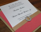 Elegant Pocket Wedding Invitation, Classic Wedding, Luxurious, Glitz, Bling - Coral and Gold or Champagne Wedding, Rhinestone Slider