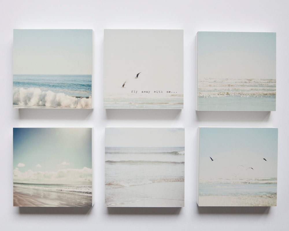 Pale blue, grey and white beaches set of 6 photo blocks-beach decor, beach wall art, ocean, seagulls, typography, sunshine, summer, soothing - SusannahTucker