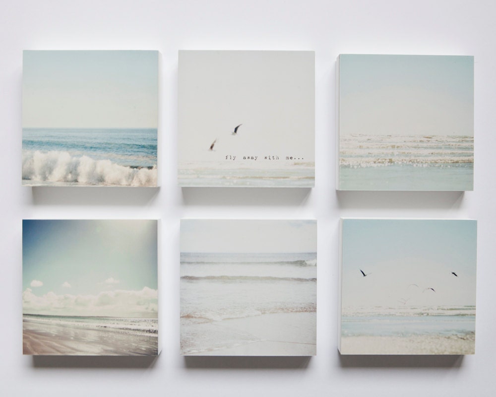 Pale blue, grey and white beaches set of 6 photo blocks -sea foam, ocean, waves, calm, seagulls, typography, sunshine, summer, soothing