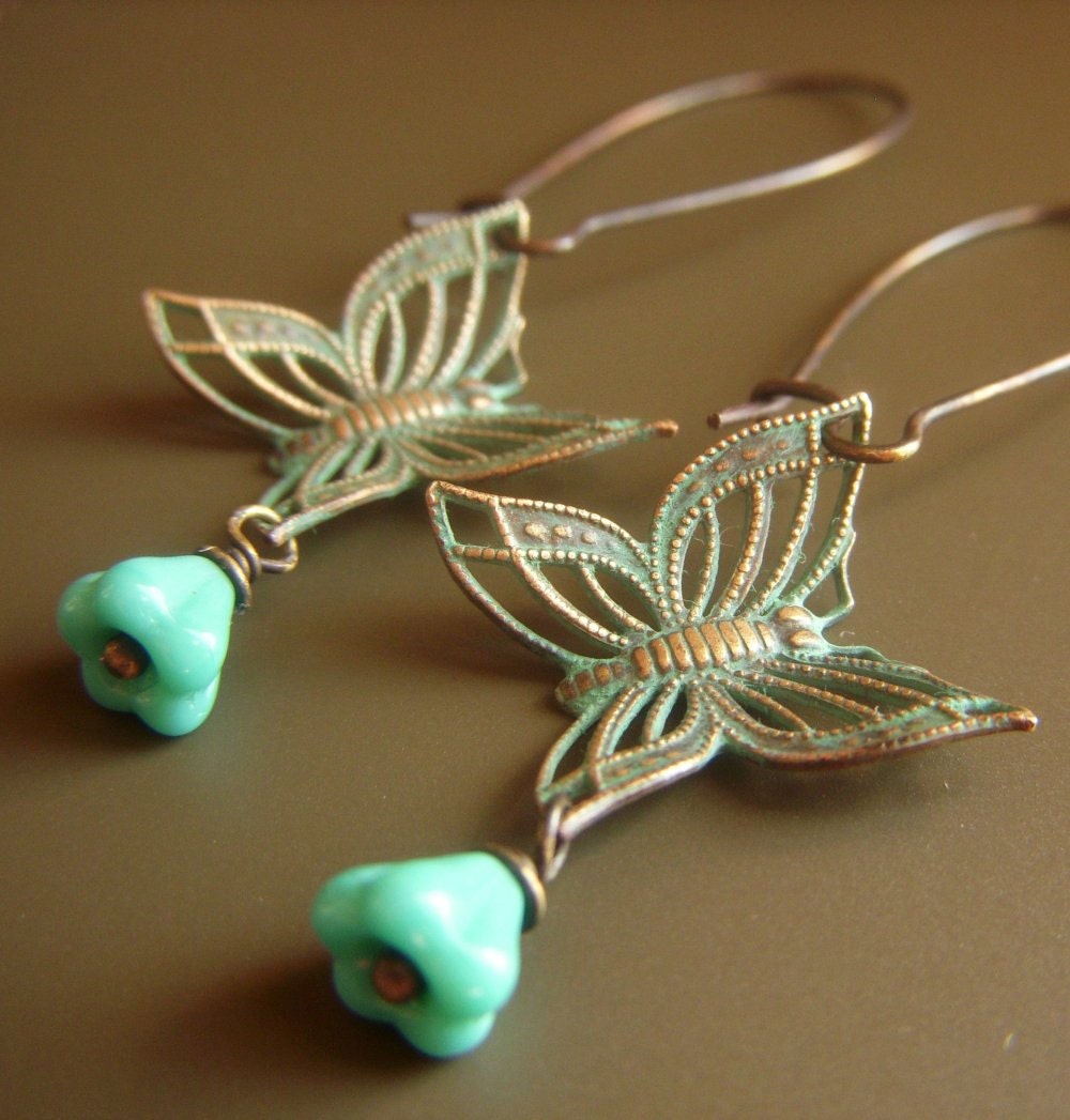 Butterfly Patina Earrings on Brass with Aqua Flower .  Teal Patina Dangle Boho . Flutter - beadstylin