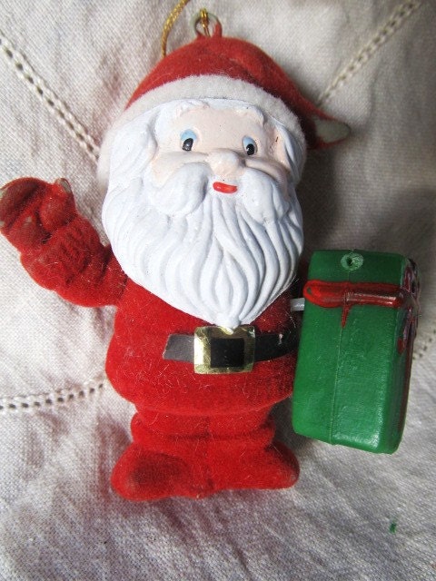 Vintage Red Flocked Santa Christmas Ornament Hard Plastic