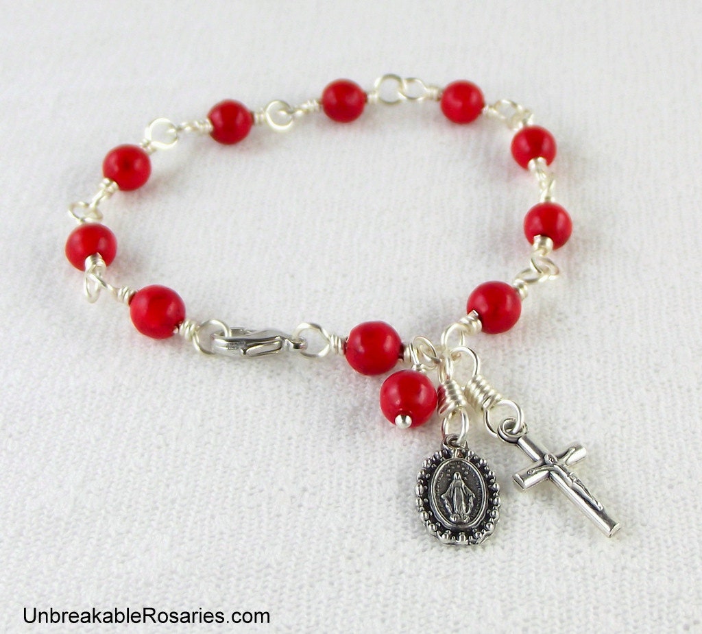 Virgin Mary Miraculous Medal Rosary Bracelet in Red Howlite by Unbreakable Rosaries