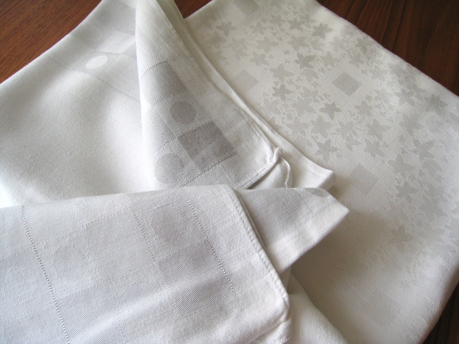 Vintage Linen Tablecloth Summer White and Gray Circa 1970 Fabulous 48 x 49 Damask Geometrics and Circles Topper Centerpiece Fabulous