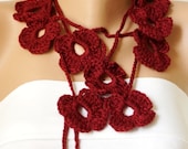 ON SALE Handmade Crochet Burgundy, Dark Red , Garnet, Wine color Flower Lariat, Winter Scarf, Necklace