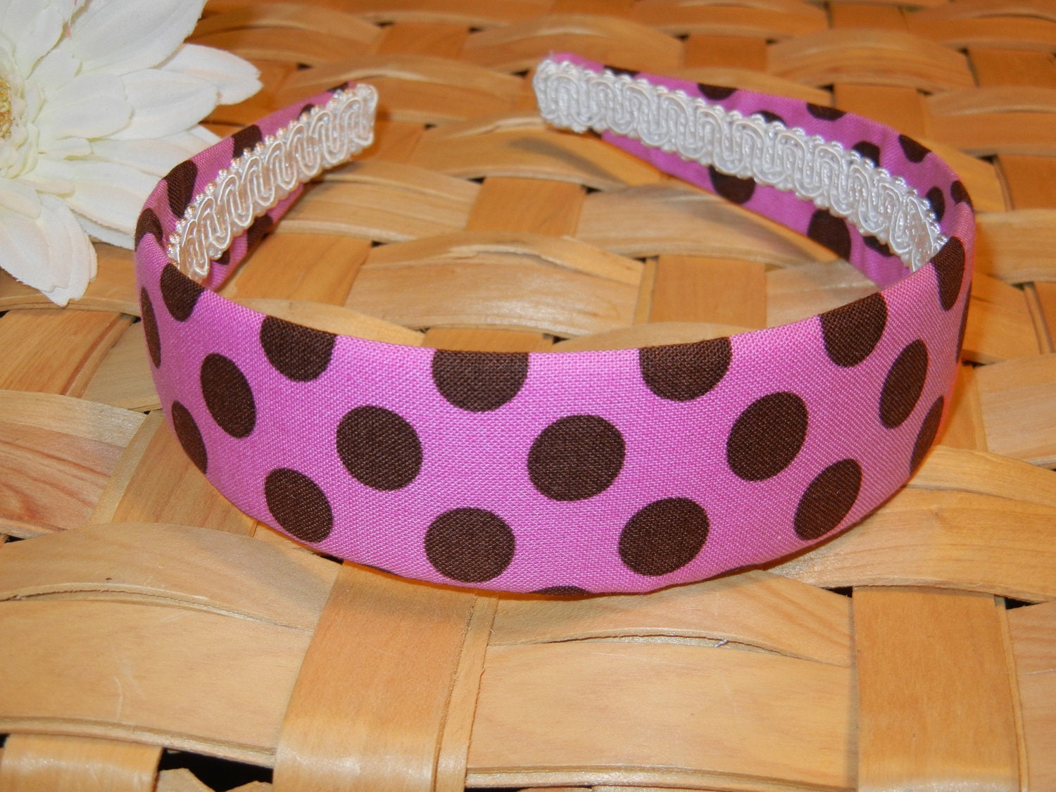 Fabric Headband with Pink Brown Dots