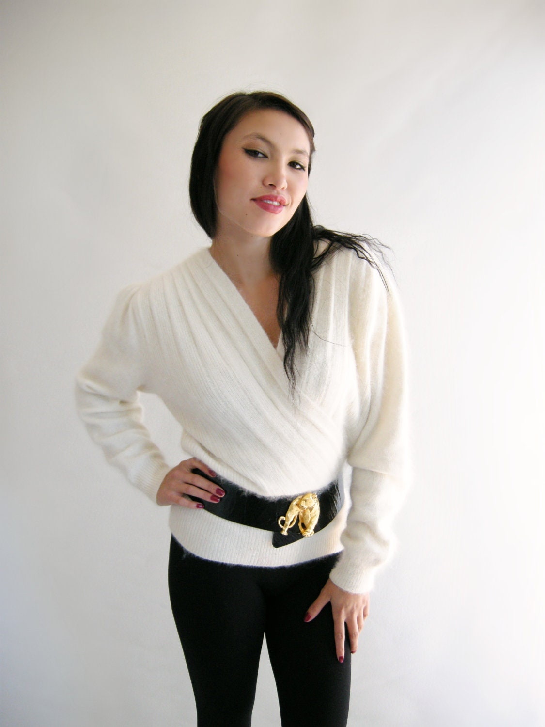 Creamy WHITE Angora Vintage 80s Sweater Surplice Mock Wrap M