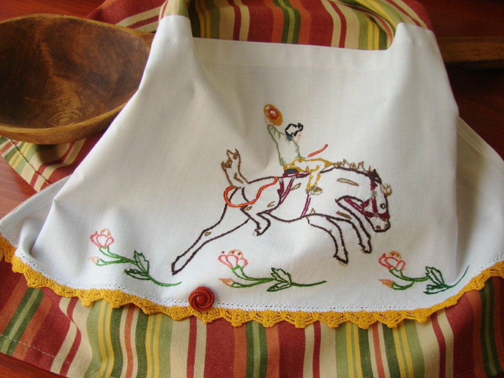 Tea Towel with a Vintage Touch -  Cow punching Bronco-buster  - Vintage Recycled to Upcycled Home Decor