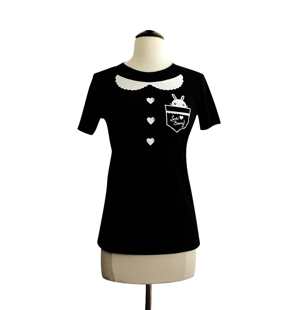 Peter Pan Collar Shirt - Bunny Rabbit Pocket Tee Shirt - (Available in Ladies sizes S, M, L, XL)