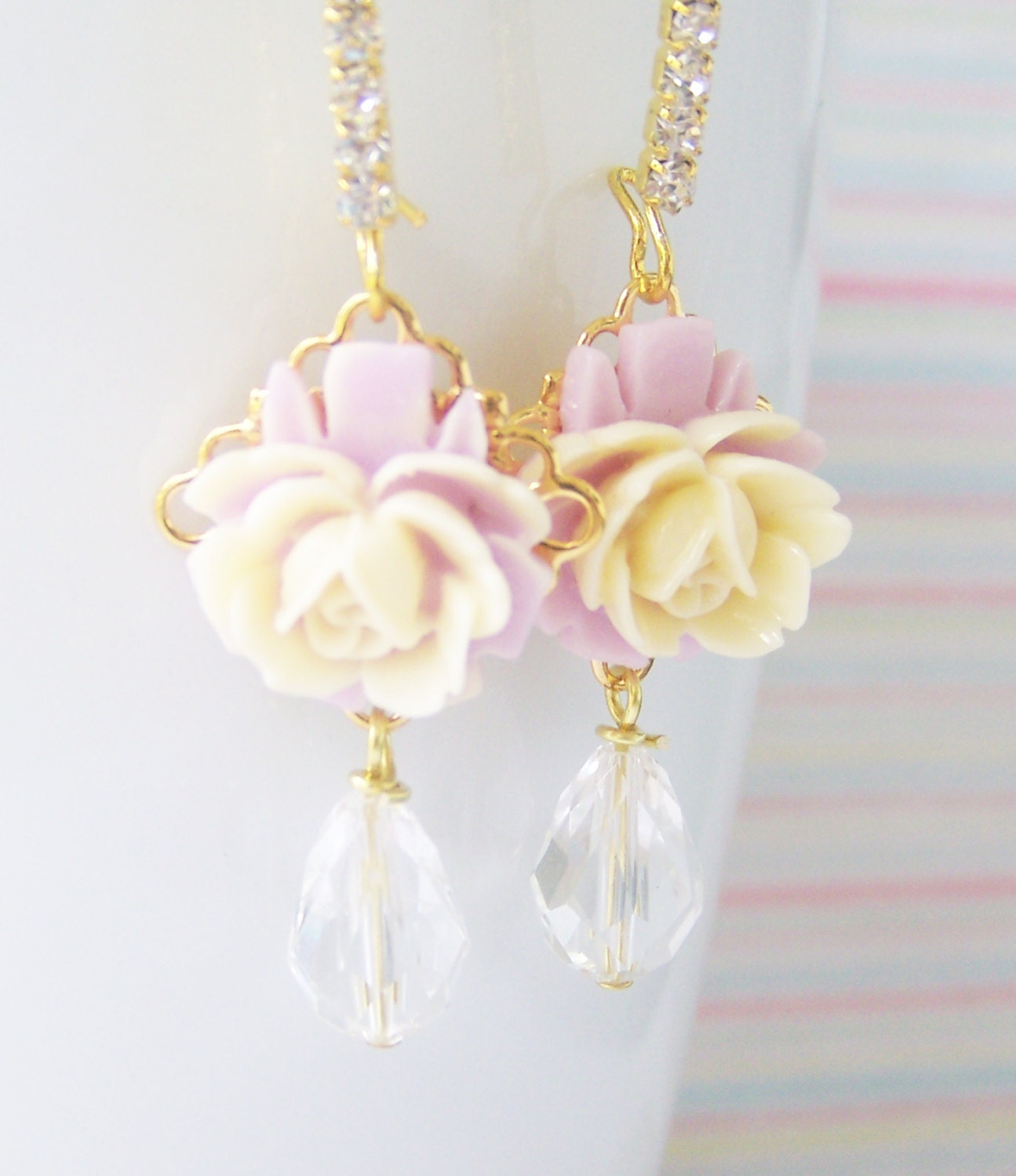 Rose Cabochon Earrings, Flower Earrings, Lavender Earrings, Cream Earrings, Gold Plate Earrings
