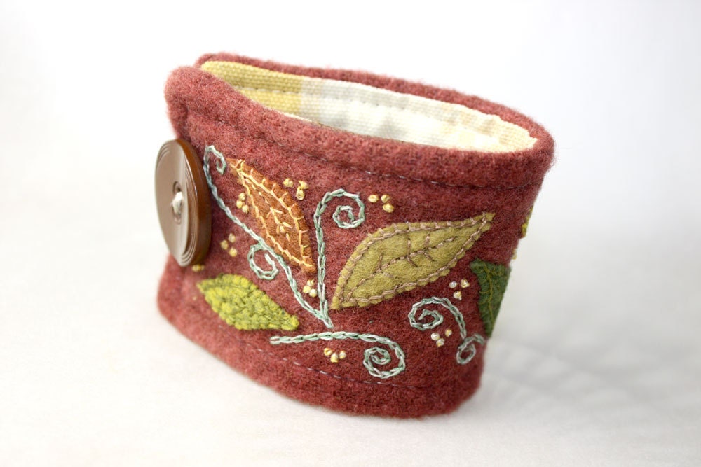 Hand Embroidery Embroidered Cuff Bracelet Jewelry Wool Falling leaves cuff in rust green