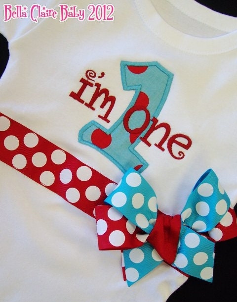 Personalized bodysuit onesie for baby girls toddler- Initial Number Applique Custom design- Red Turquoise Polka Dot Bows