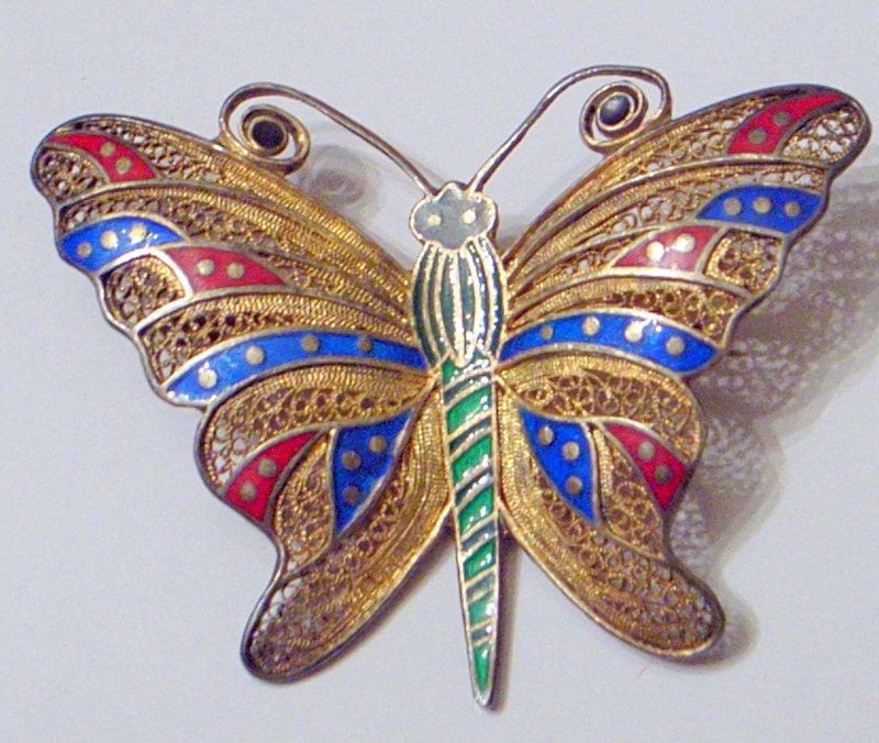 TOPAZIO Sterling Silver Butterfly - 1940's - Enamel - Red - Blue - Green - Silver Filigree - Beautiful - Handmade - Signed Art Deco