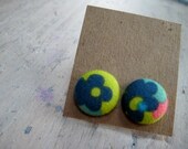 button earrings - blue flowers on green with a touch of pink