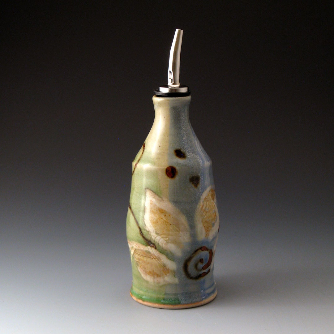 Oil or Vinegar Bottle - Ceramic Cruet with Flower Motif